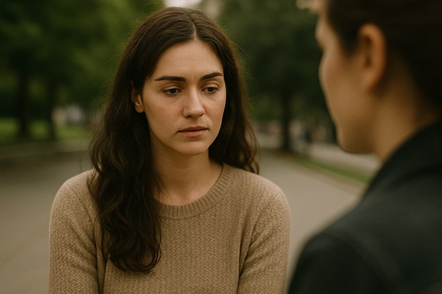 감정을 절제한 채 진중하게 상대의 말을 듣는 INFJ 여성, 공감과 배려가 느껴지는 표정