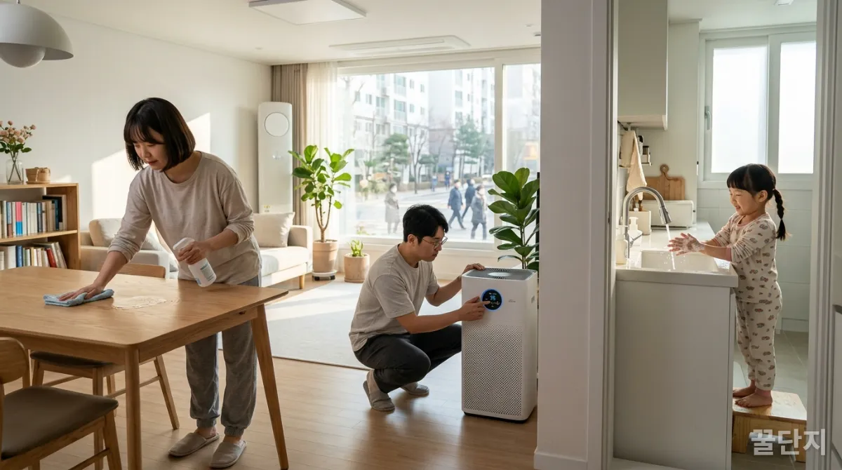 미세먼지와 꽃가루에 대비하여 실내외 환경을 관리하는 한국 가족
