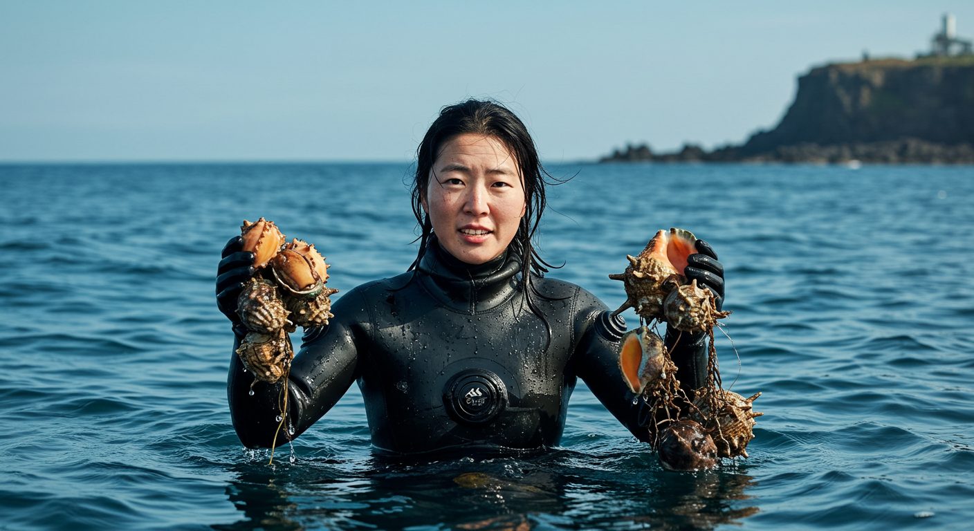제주 바다에서 갓 수확한 전복과 소라를 들고 물 위로 나오는 한국 해녀의 모습.