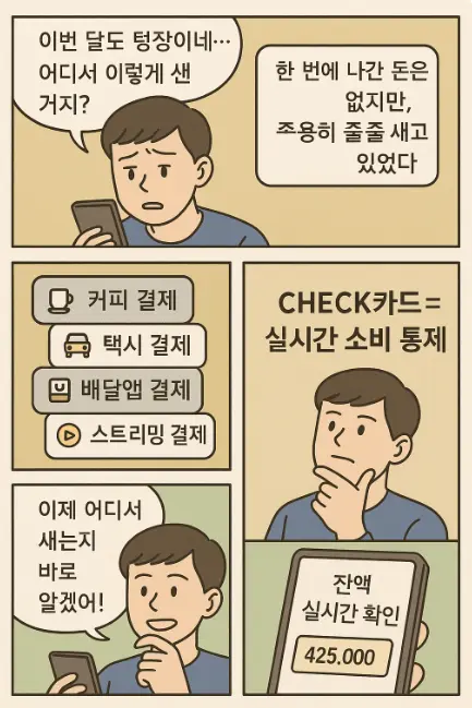 월급은 들어오는데 왜 통장은 텅 비는지, 소비 흐름을 체크카드로 통제하는 과정을 보여주는 웹툰