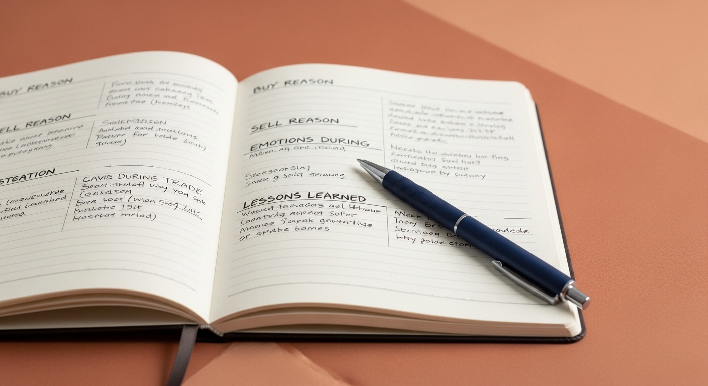 투자 종목, 매수/매도 근거, 당시 심리 상태가 기록된 투자 일지. 자기 성찰을 통한 투자 학습의 중요성 강조.