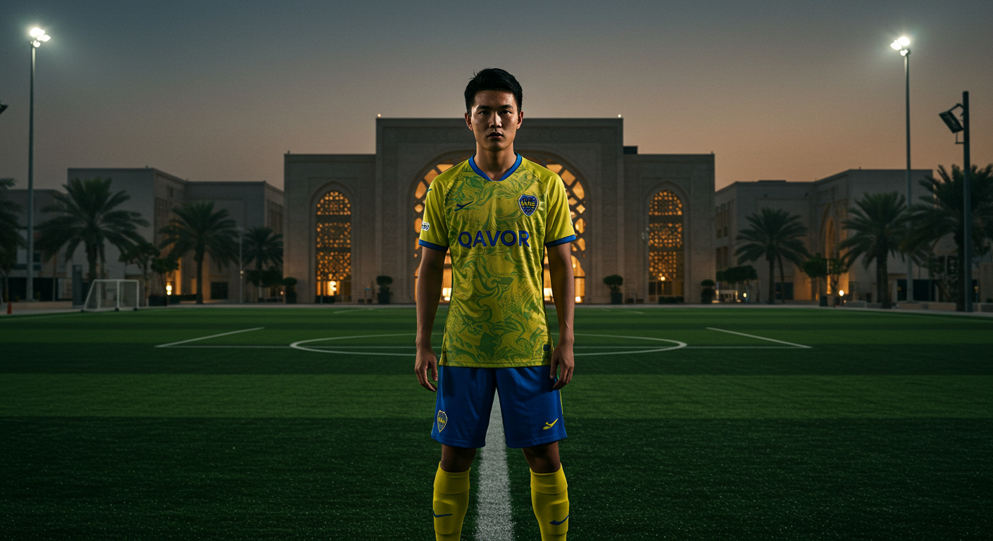 손흥민이 알나스르 유니폼을 입고 이적설이 나도는 중동 구장에서 포즈를 취한 모습