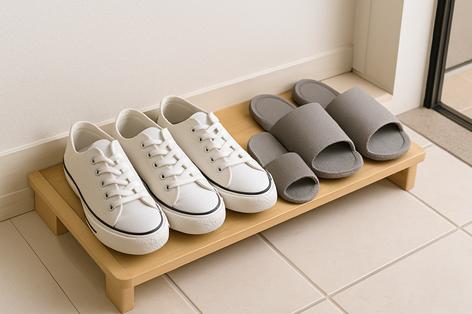 현관에 가지런히 정리된 운동화와 슬리퍼