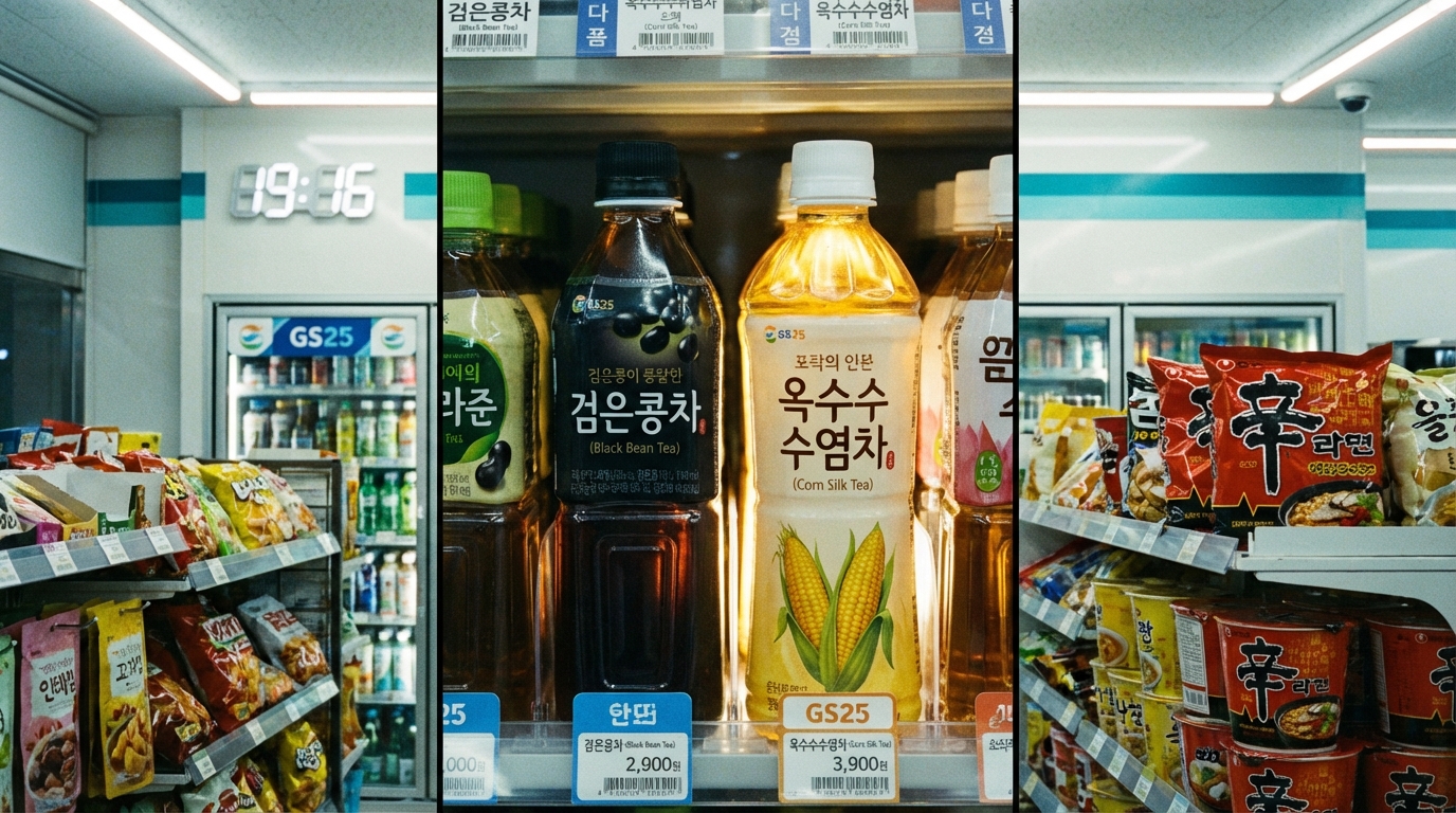 편의점 냉장고에 진열된 나트륨 배출에 효과적인 검은콩차와 옥수수수염차 이미지