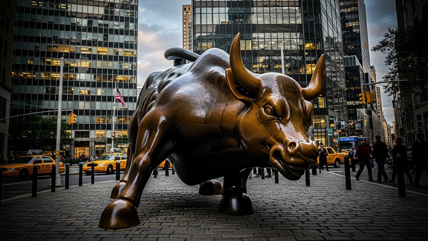 A majestic bronze bull statue in front of a Wall Street building, symbolizing the financial power of BlackRock and Vanguard, high quality, cinematic lighting.