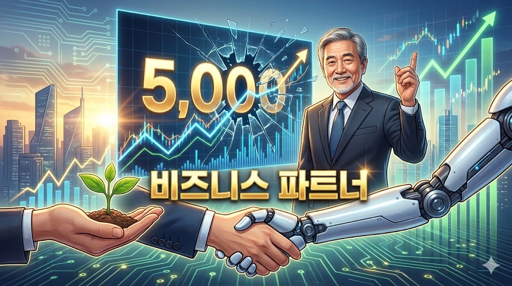 5,000포인트를 돌파하는 우상향 그래프 배경 위에 '존 리'의 따뜻한 미소와 함께 '동업자'라는 단어가 황금빛으로 빛나는 디자인