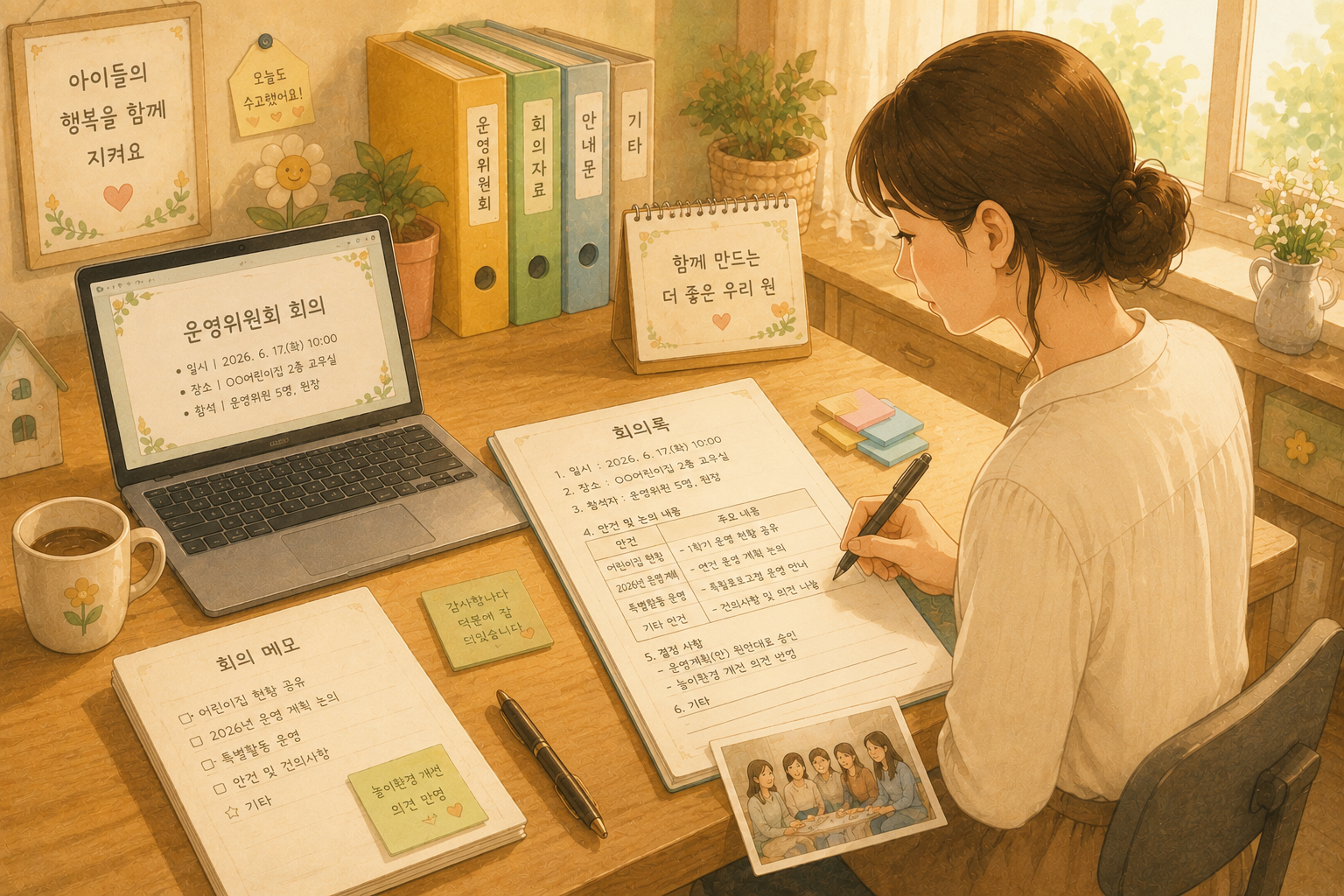 따뜻한 사무실에서 회의 준비하는 모습