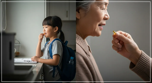 오메가-3 알약을 먹고 있는 아이와, 할머니 모습