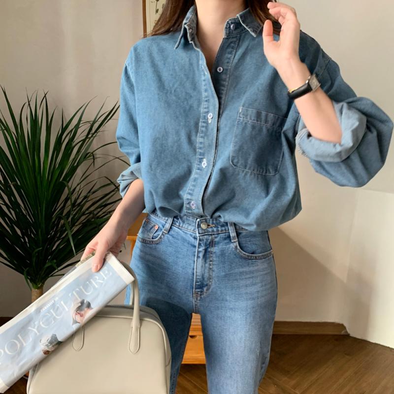 프리미엄 루즈핏 레이어드 포켓 여성 데님 셔츠 청남방