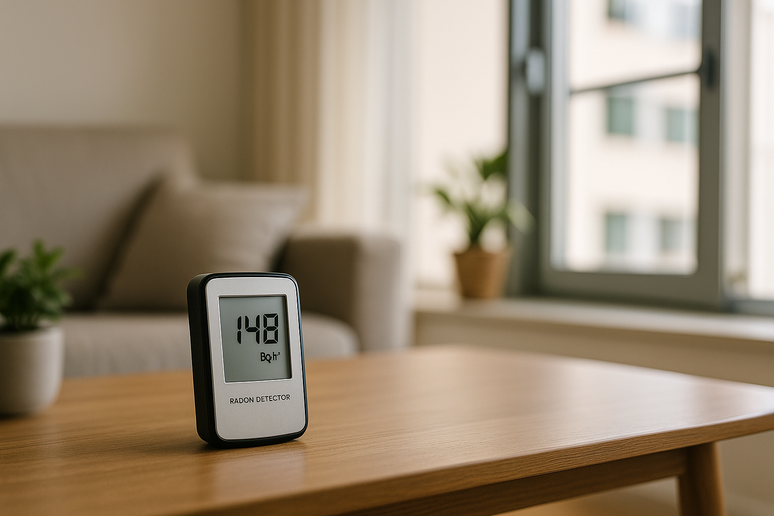 거실 테이블 위 라돈 측정기 화면에 148 Bq/m³가 표시된 실사 사진