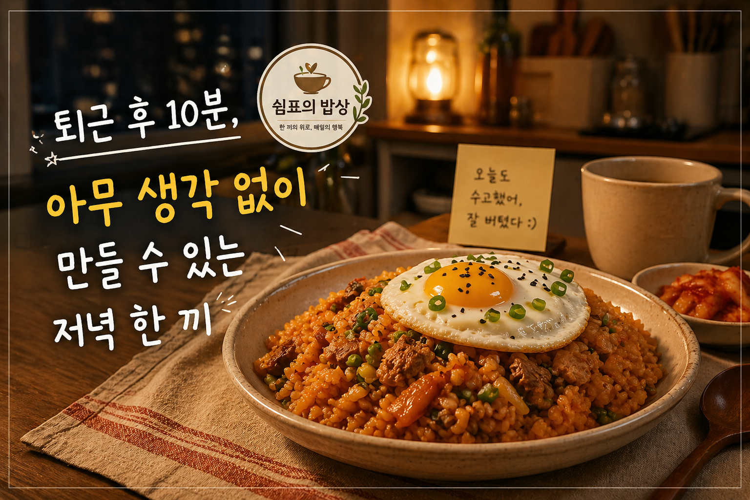 퇴근 후 따뜻한 조명 아래 참치김치볶음밥과 쉼표의 밥상 로고가 담긴 저녁 장면