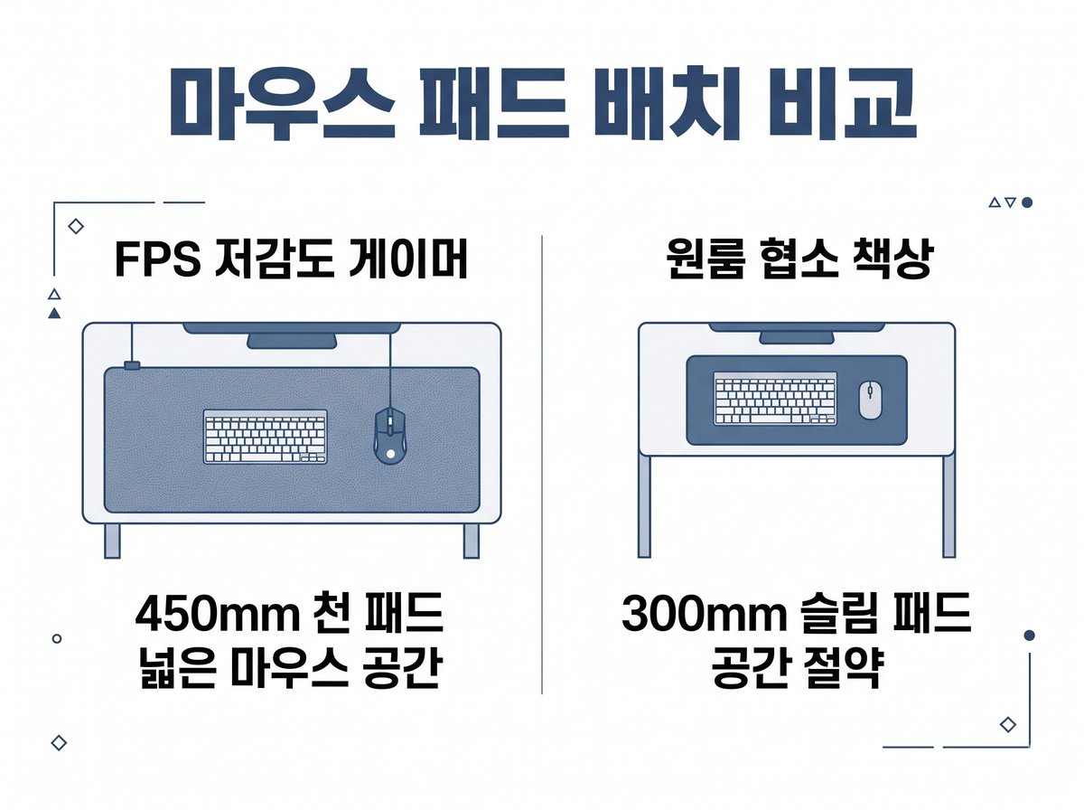 FPS 저감도 게이머를 위한 450mm 천 패드와 원룸 협소 책상을 위한 300mm 슬림 패드 배치 비교