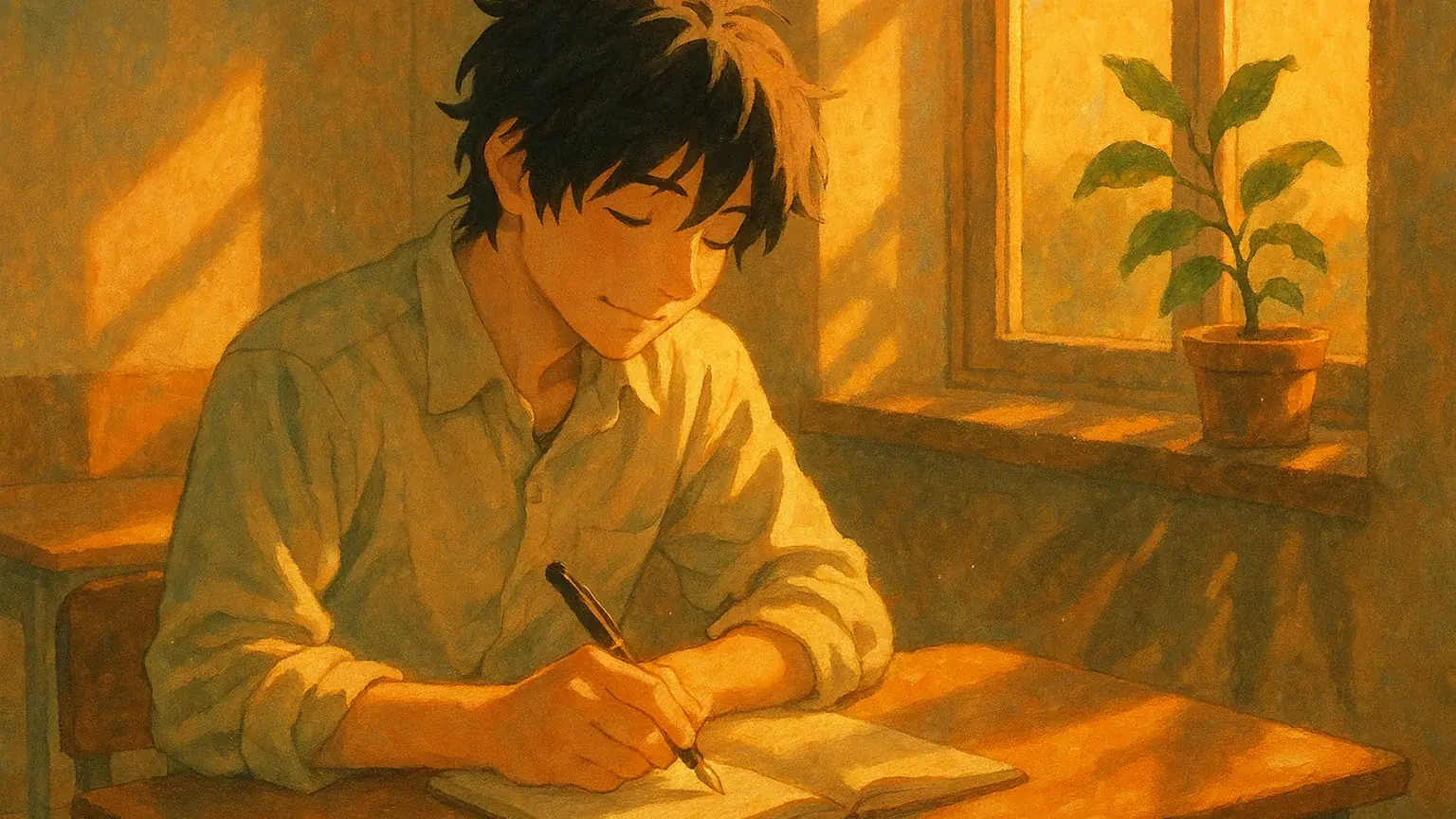 학생이 실수에 대해 반성하며 글을 쓰는 모습을 보여주는 따뜻하고 희망적인 분위기의 이미지