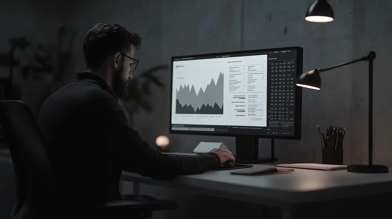 투자자가 최신 시장 뉴스와 함께 ETF 성과 문서를 검토하여, 시황 분석과 수익률 확인을 통한 투자 전략 수립 과정이 강조됩니다.