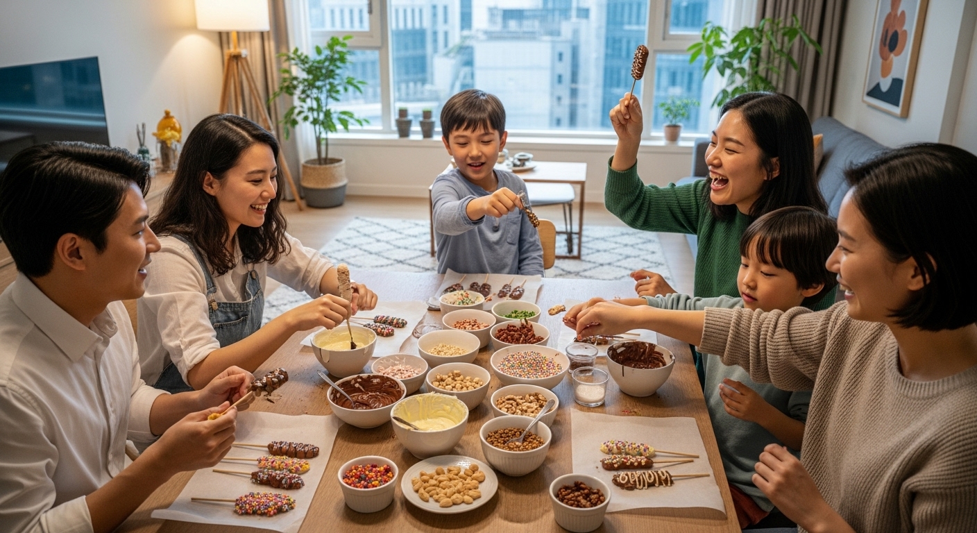 2025년 현대적인 공간에서 친구 또는 가족들이 함께 모여 직접 만든 빼빼로를 즐겁게 장식하고 있는 모습. 따뜻하고 진정성 있는 관계의 의미를 강조합니다.