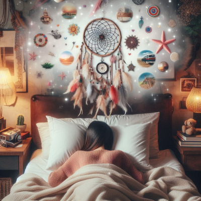 꿈을 꾸는 사람이 경험하는 다양한 상징들이 벽에 장식되어 있는 모습입니다.