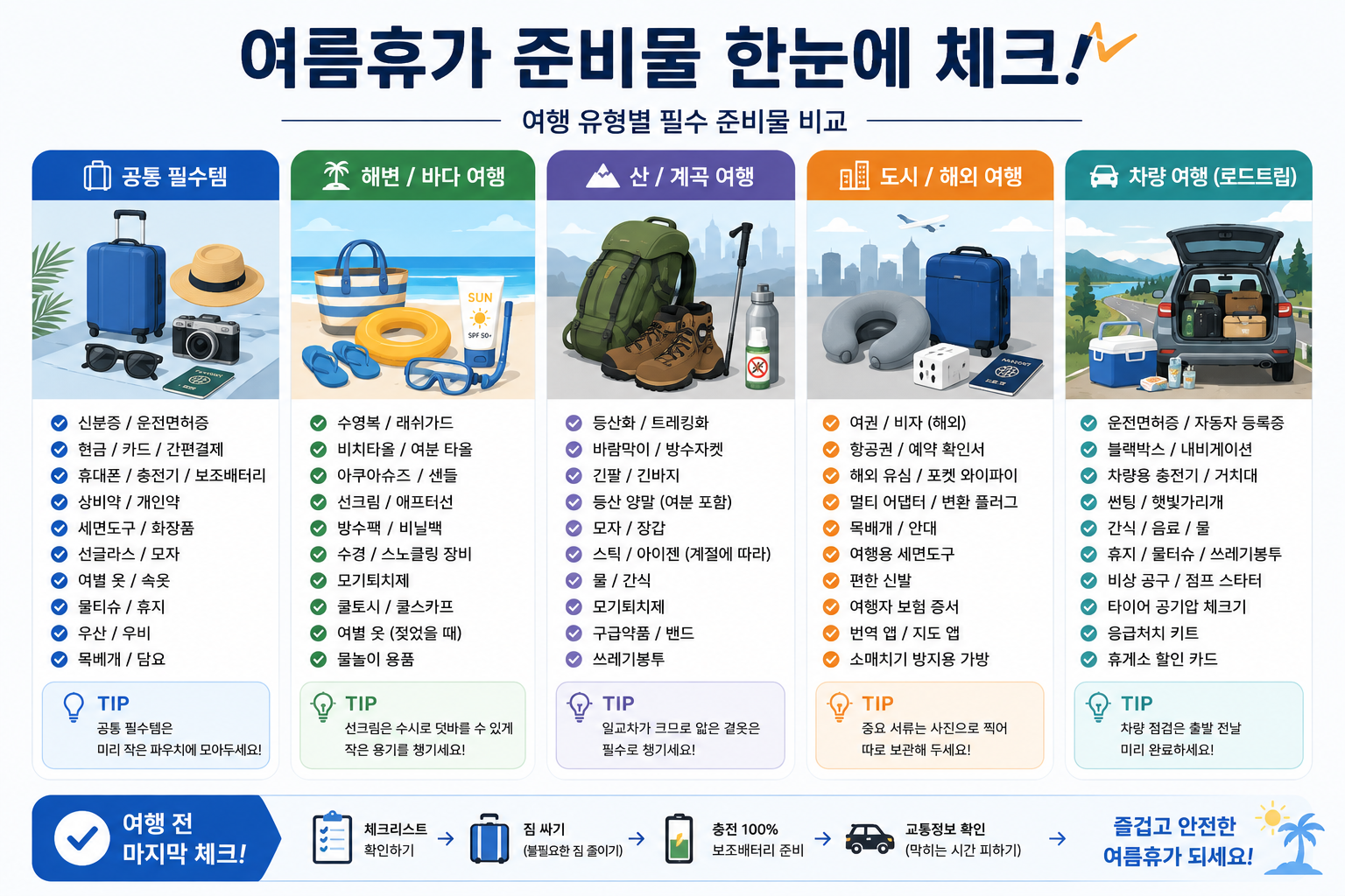 차량 점검, 교통체증 대비용품, 아이 간식과 물 등 자동차 여행 준비의 핵심을 간단하게 보여주는 이미지입니다.