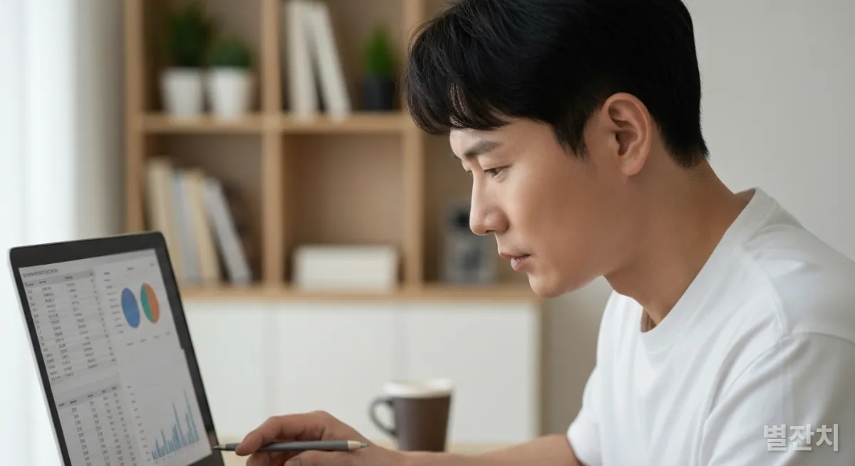 노트북으로 데이터를 분석하는 한국인 남성