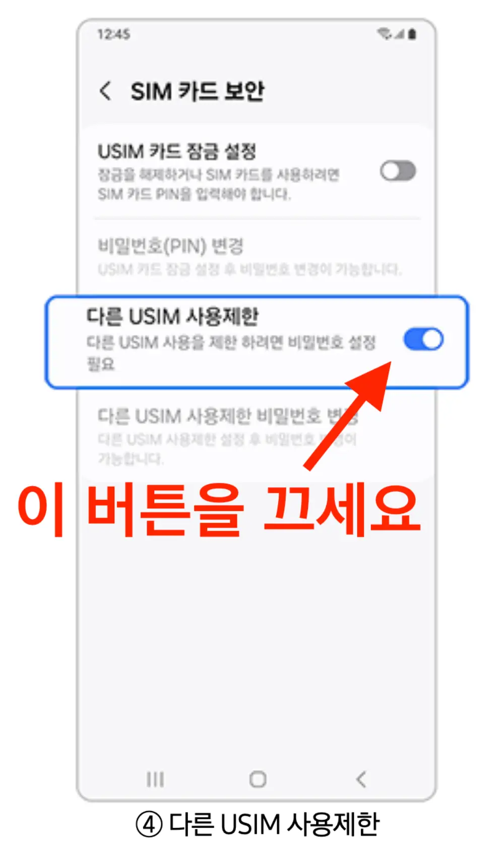 다른 USIM 사용제한-해제화면