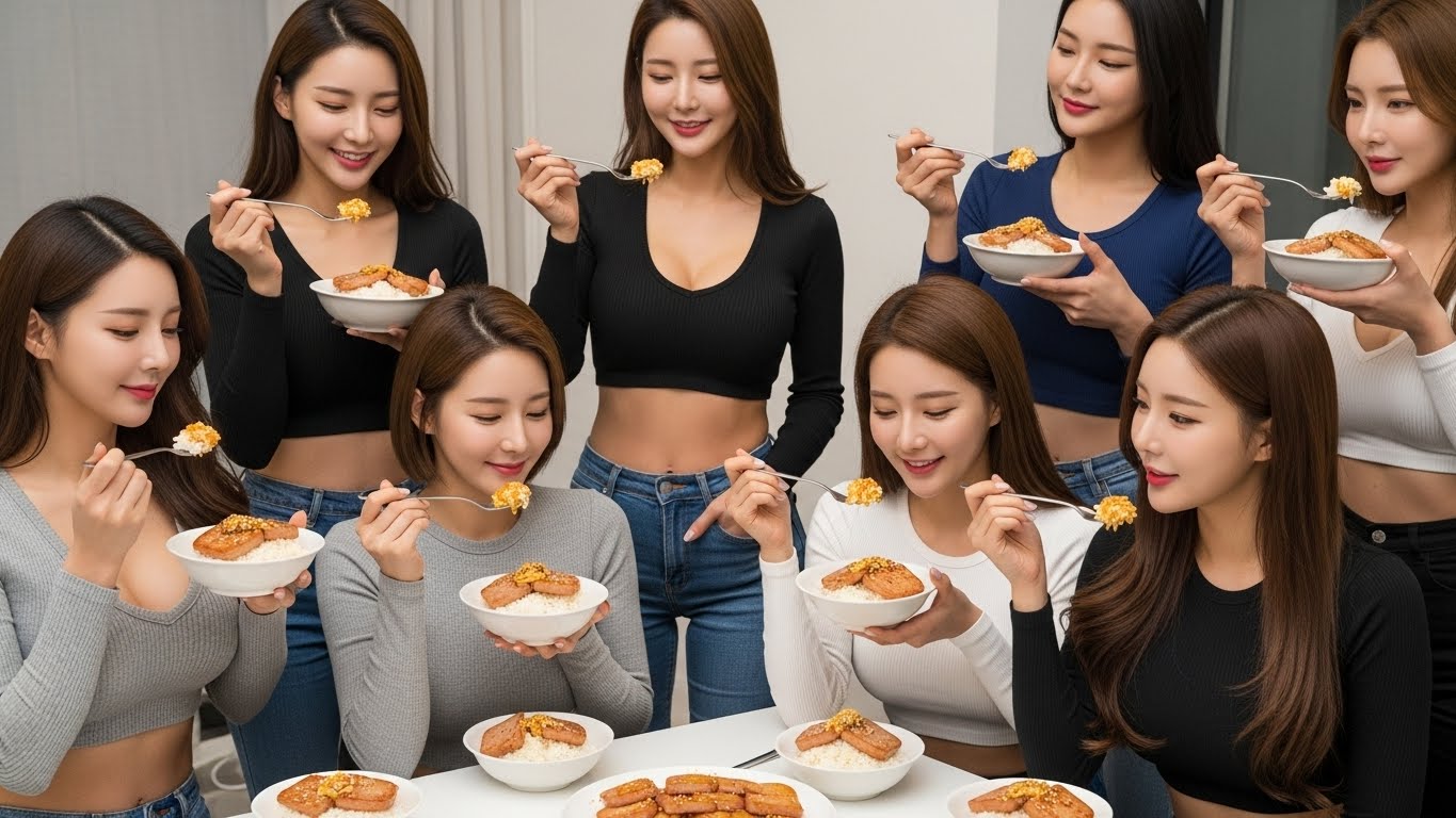 스팸을 올려 밥을 먹는 여자들