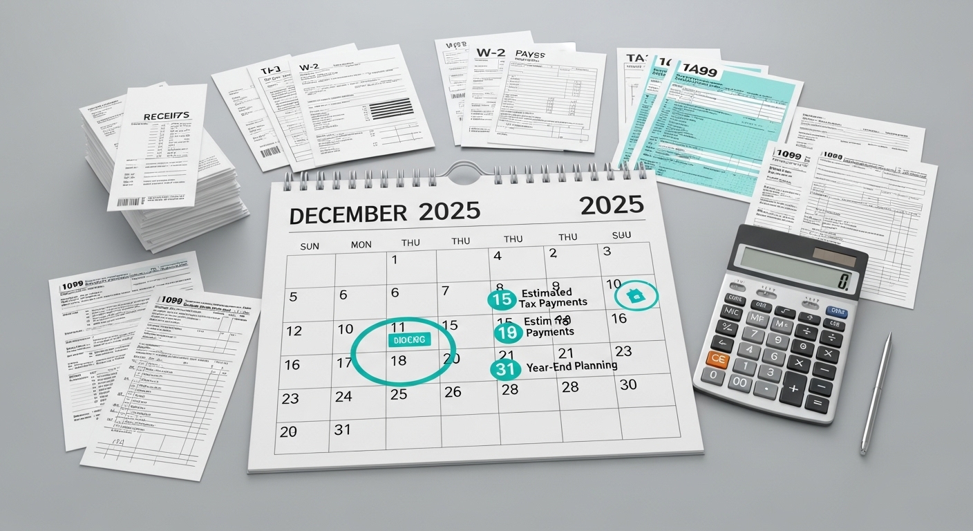 2025년 12월 달력과 함께 연말정산 관련 서류 및 계산기가 정리된 모습, 연말정산 준비를 상징