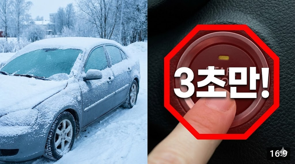 겨울철 얼어붙은 자동차와 시동 버튼을 누르기 전 3초 대기를 강조하는 이미지