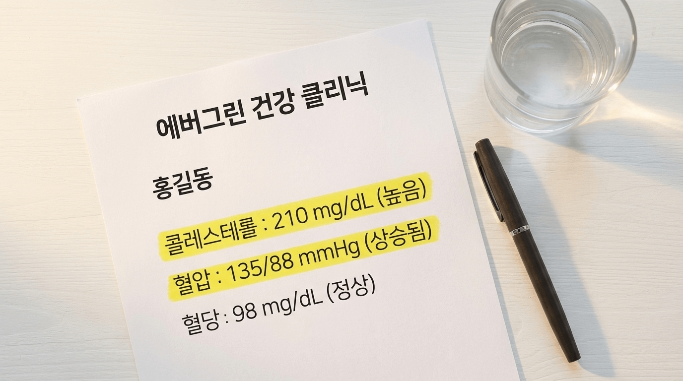 건강검진 결과지와 영양제를 함께 놓고 항목별 성분을 매칭하는 모습
