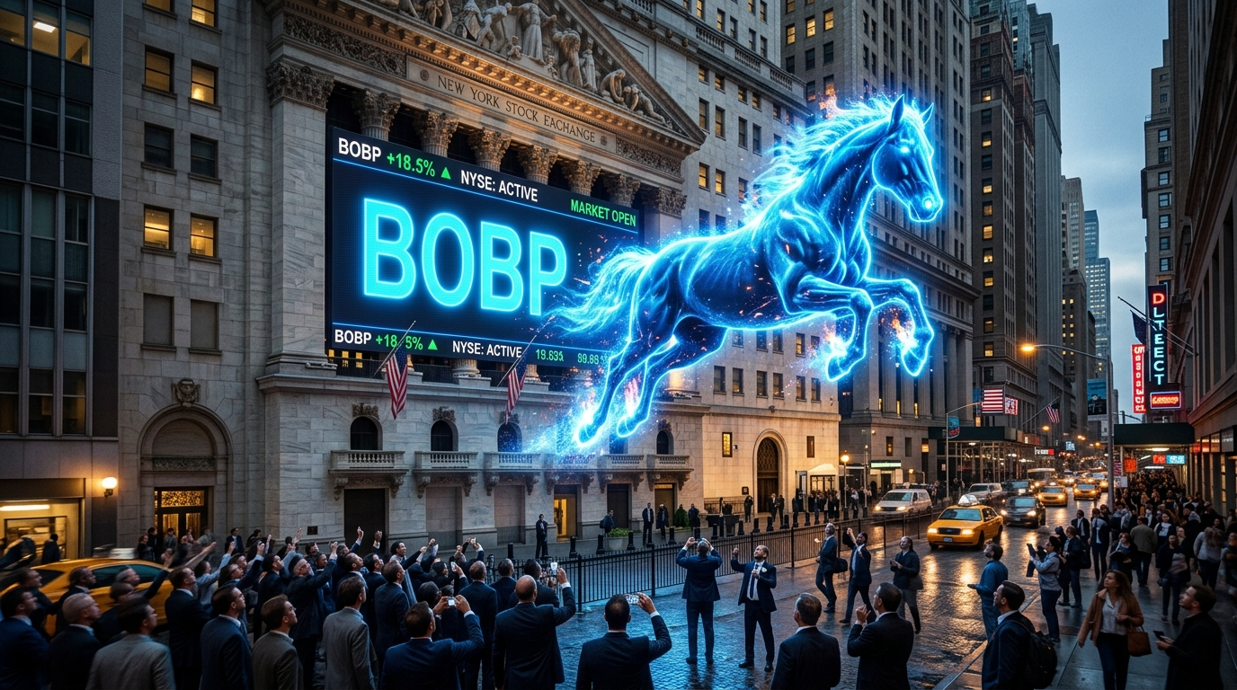 뉴욕 증권거래소 전광판에 선명하게 찍힌 'BOBP' 로고와 그 뒤로 질주하는 푸른색 종마(Best of Breed)의 역동적인 모습