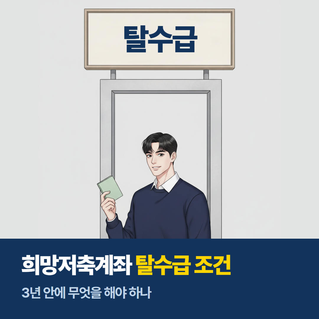 탈수급이라고 적힌 현판이 걸린 문 앞에서 통장을 든 인물을 그린 희망저축계좌 1 2 차이 대표 이미지