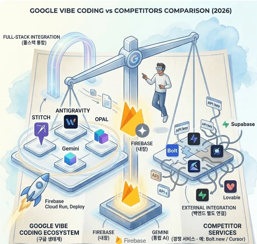 구글 바이브 코딩: 구글 바이브 코딩 생태계와 경쟁 서비스를 비교하는 인포그래픽입니다. 중앙 저울을 중심으로 왼쪽은 &amp;#39;풀스택 통합&amp;#39;과 &amp;#39;백엔드 내장&amp;#39;을 통해 안티그래비티&amp;#44; 스티치&amp;#44; 오팔&amp;#44; AI 스튜디오&amp;#44; 파이어베이스가 유기적으로 연결된 단순한 구조이며 사용자 한 명이 긍정적으로 가리킵니다. 오른쪽은 &amp;#39;백엔드 별도 연결&amp;#39;로 여러 단편적인 서비스가 복잡하게 연결된 모습을 사용자 한 명이 고민하며 봅니다. (Google Vibe Coding vs competitors comparison&amp;#44; integrated full-stack vs external backend&amp;#44; simplified workflow vs fragmented services&amp;#44; Antigravity&amp;#44; Stitch&amp;#44; Opal&amp;#44; Firebase&amp;#44; Gemini) 