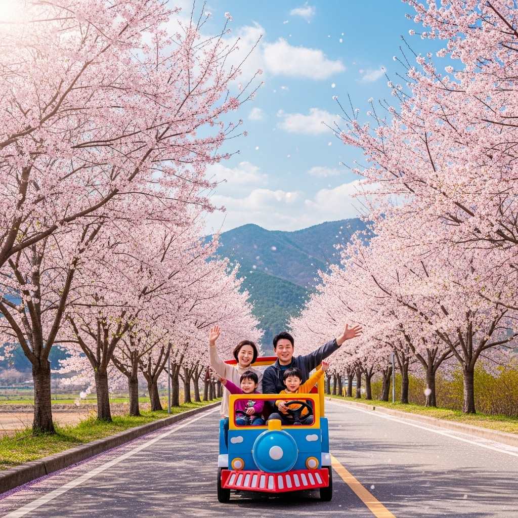 경차 유류비 환급&amp;#44; 벗꽃 길에서 장난감 자동차를 타는 가족들