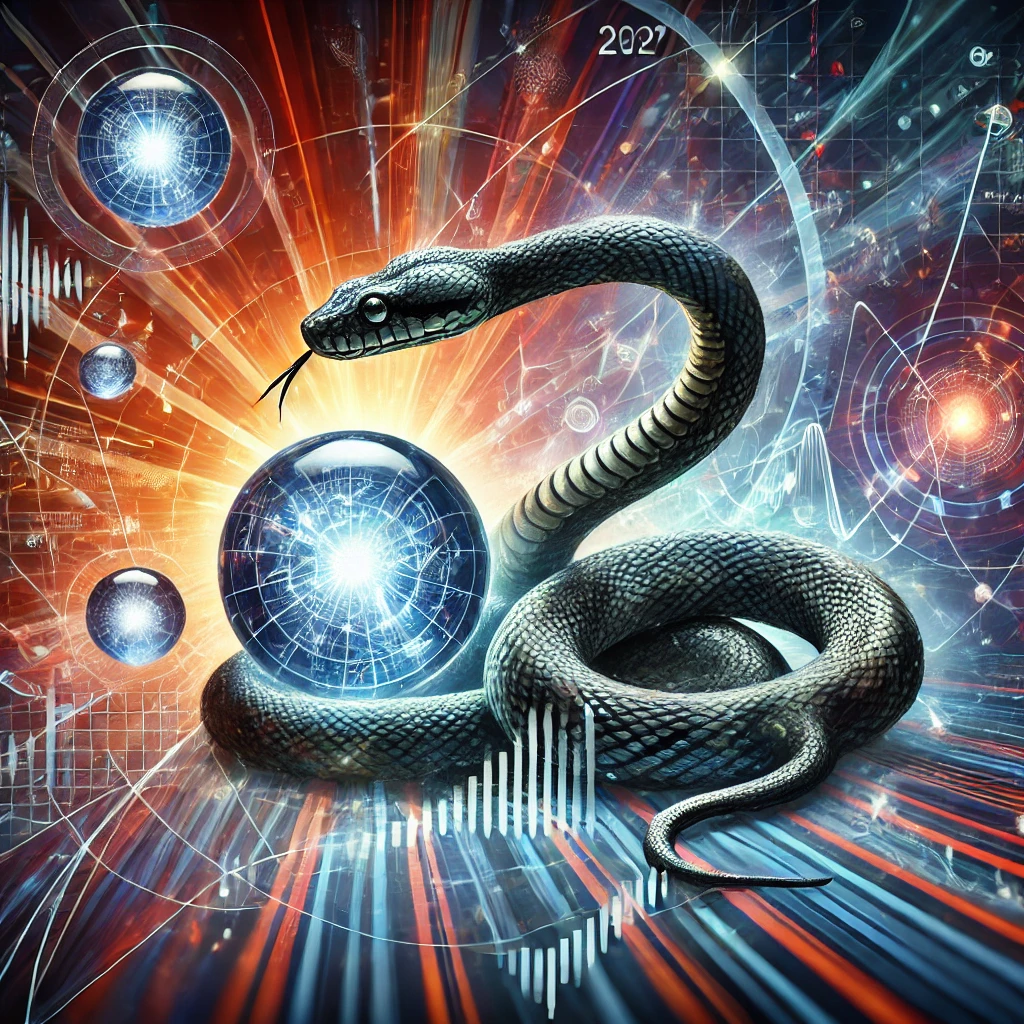 'SNAKE SENSE'를 상징하는 예술적 이미지, 빛나는 수정 구슬에 감겨 있는 뱀이 미래의 결과를 예측하는 모습, 추상적인 디지털 파동과 기술적 시각 요소가 어우러진 배경