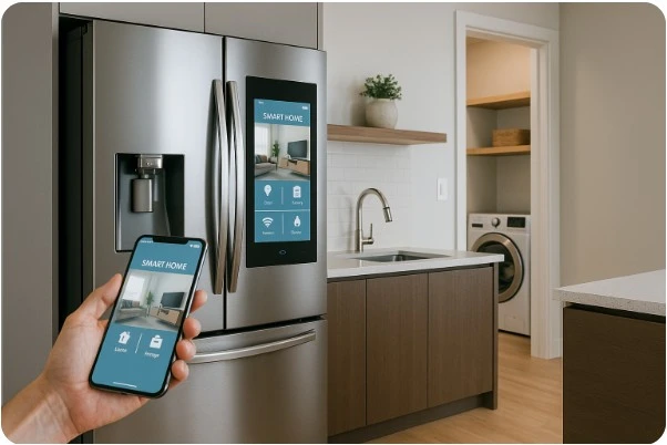 AI 연동된 냉장고와 세탁기가 스마트홈으로 연결된 모습