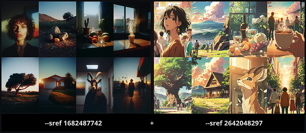 조명 대비가 강한 실사 포토 스타일과 부드러운 애니메이션 스타일 코드 예시 이미지_Midjourney