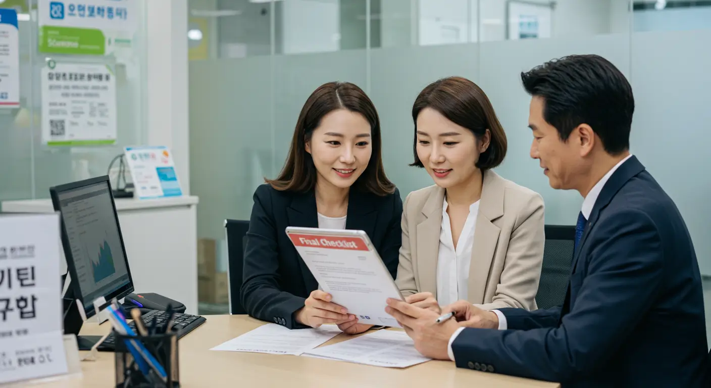 전문가와 함께 1가구 2주택 주택담보대출 자금 계획 최종 체크리스트를 점검하며 안심하는 모습