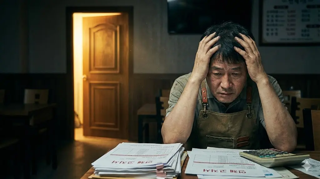 가게 문 닫고 고민하는 사장님 뒤로 희망의 빛이나 동아줄이 내려오는 모습