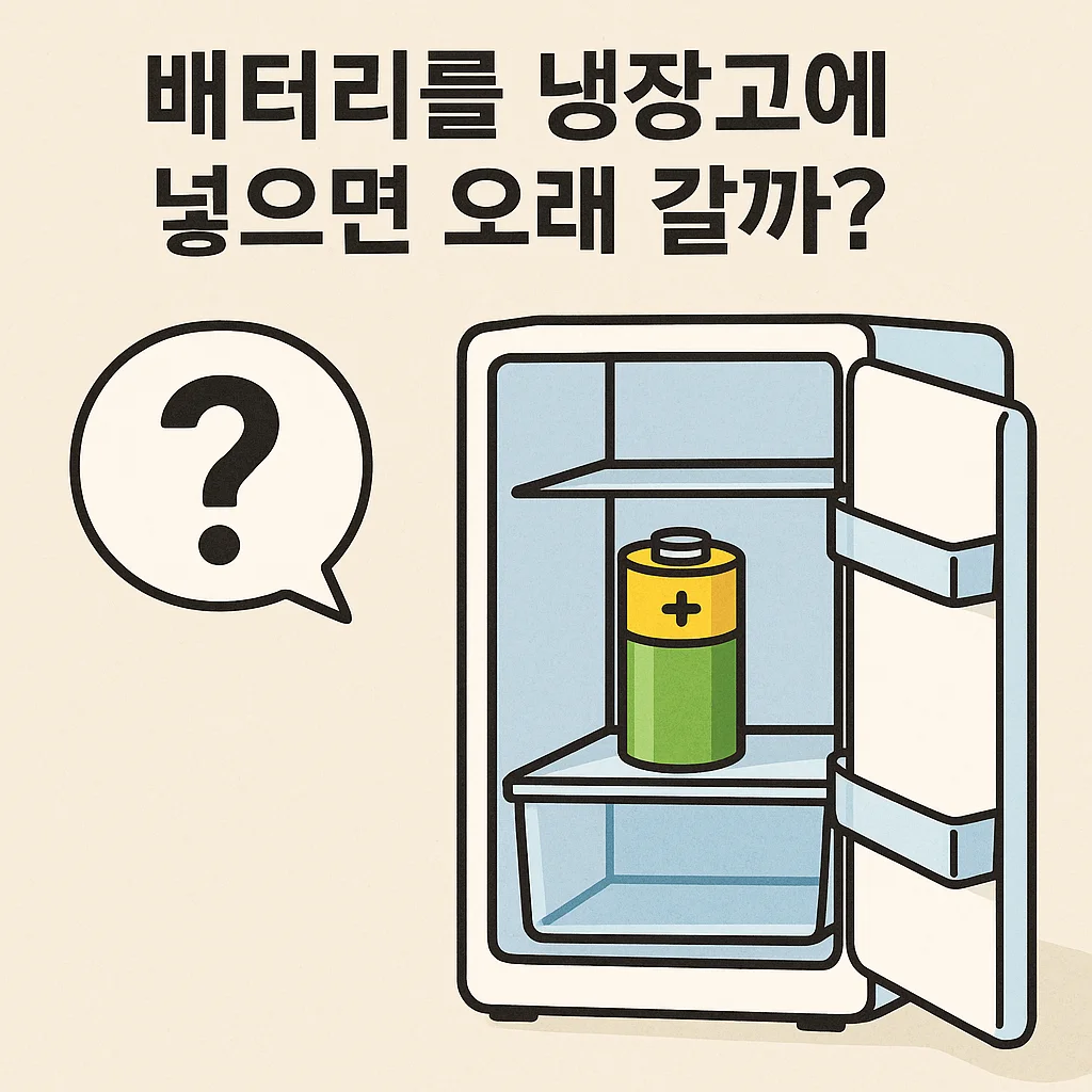 배터리를 냉장고에 보관하면 오래 사용할 수 있는지에 대한 의문을 표현한 일러스트. 냉장고 안에 배터리가 있고 물음표가 강조되어 있음.
