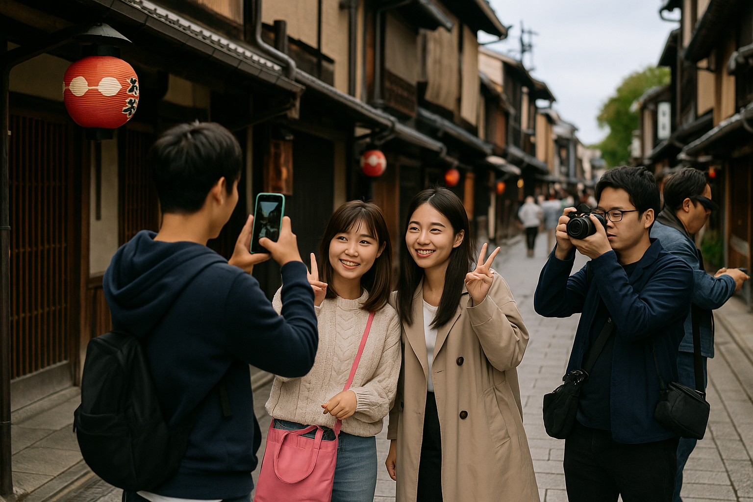 교토 기온 거리에서 사진을 찍는 관광객들
