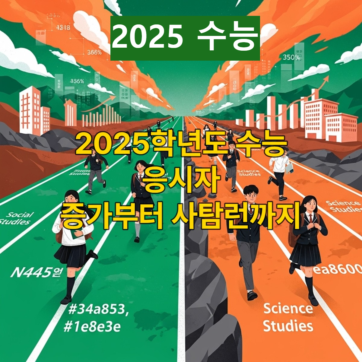 2025학년도 수능의 복잡한 특징과 트렌드를 상징하는 역동적인 이미지. 여러 학생들이 사탐과 과탐 경로를 따라 경쟁하고 있으며, 교육 지형의 변화를 나타내는 그래프와 숫자가 배경에 흐릿하게 보인다.