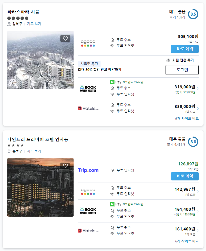 국내 및 해외 호텔 숙박 비교 사이트