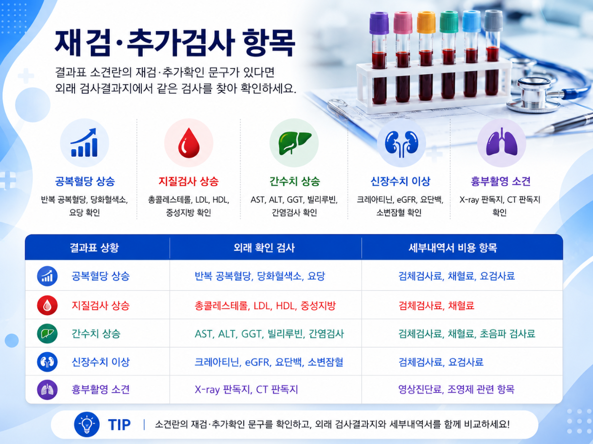 건강검진 이상소견 후 공복혈당, 지질검사, 간수치, 신장수치, 흉부촬영 재검 항목과 비용 문서를 정리한 의료 인포그래픽