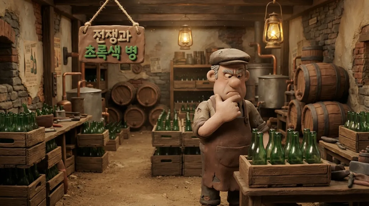 1940년대 유럽 양조장 창고에서 곤란한 표정으로 초록색 병맥주 나무 상자를 점검하는 양조장 주인 클레이 캐릭터와 빈티지 양조 장비, 아드만 스타일의 빈티지 스톱모션 일러스트