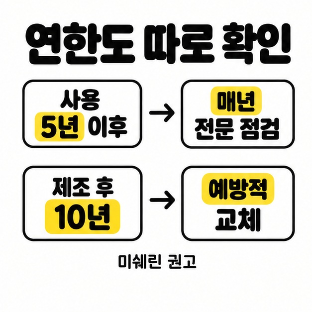 사용 5년 이후 매년 전문 점검과 제조 후 10년 예방적 교체를 각각 화살표로 연결하고 미쉐린 권고라고 표시한 카드.