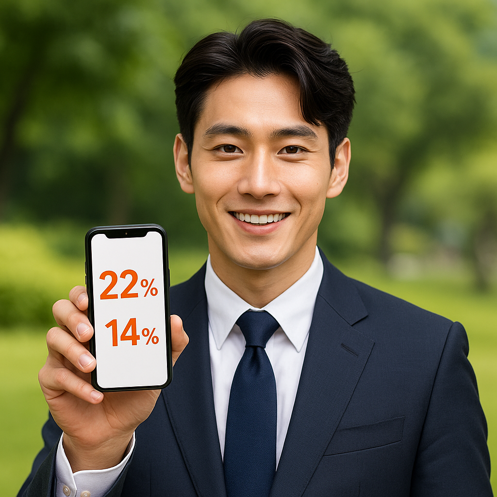 2025 고금리 파킹통장 금리를 비교하며 연 22%, 14% 이자율을 스마트폰 화면으로 보여주는 젊은 남성 모델