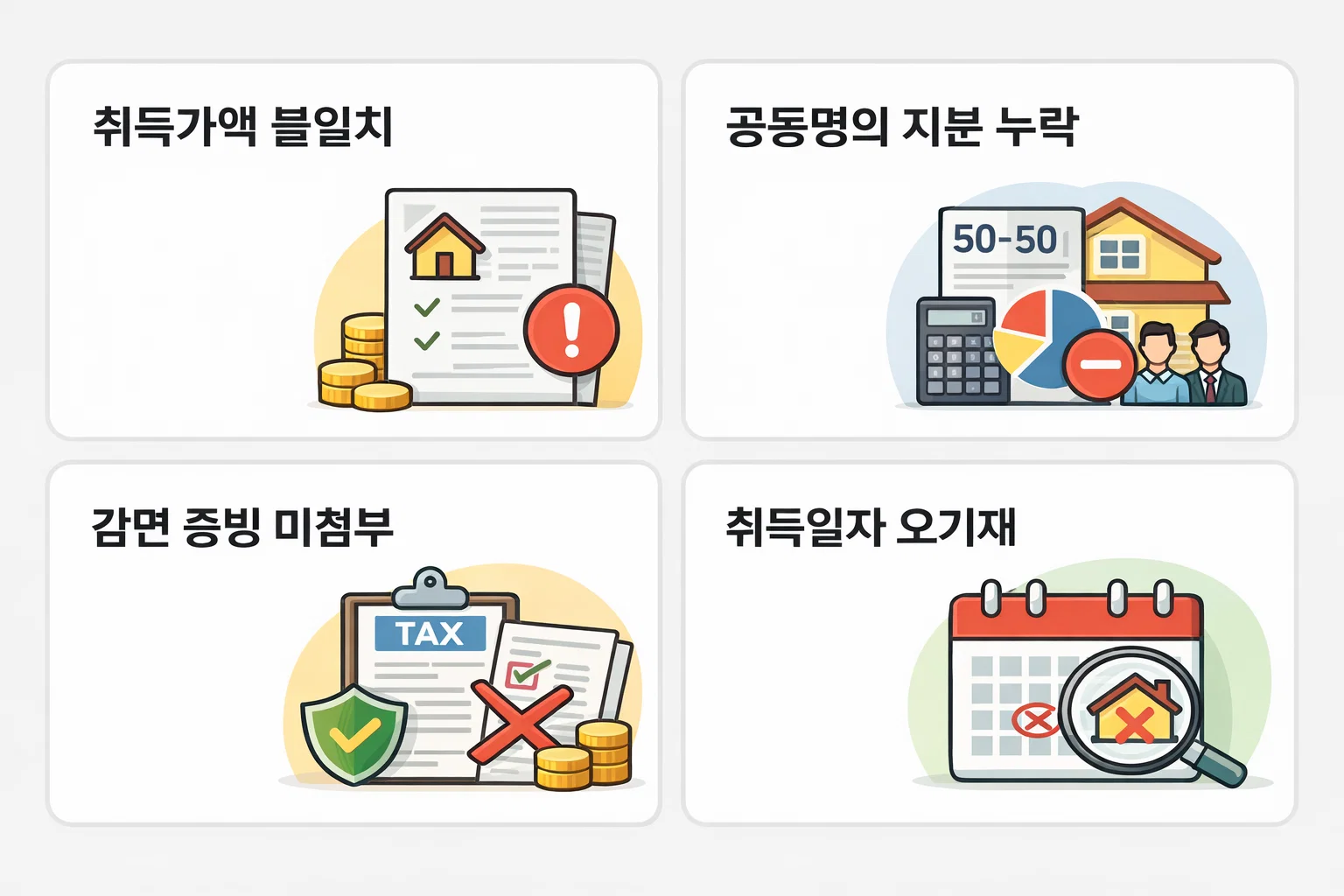 잘못된 작성 예시와 오기재, 누락 사례를 정리한 신고서 오류 주의 이미지