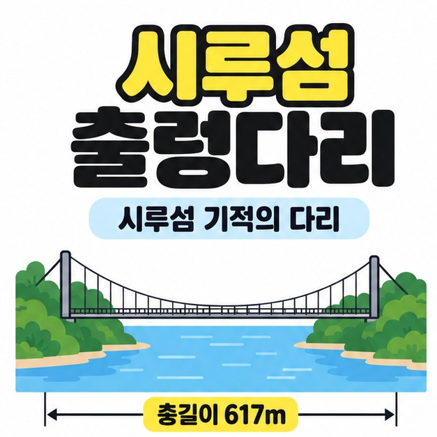 시루섬 출렁다리라는 제목과 시루섬 기적의 다리 명칭 아래 강을 건너는 보행교 개념도에 총길이 617미터를 표시한 그림.