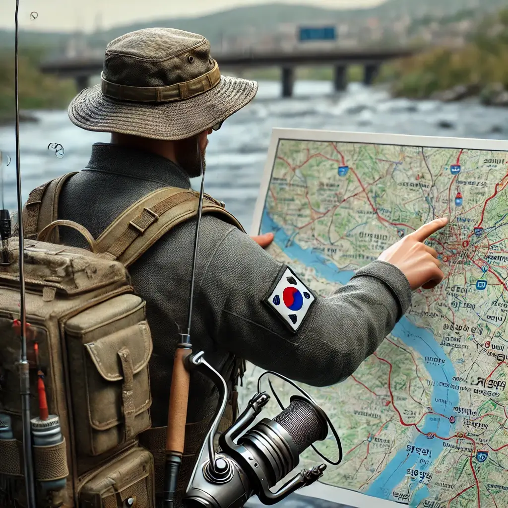 수도권 지도를 보며 낚시 포인트를 찾는 낚시꾼의 뒷모습