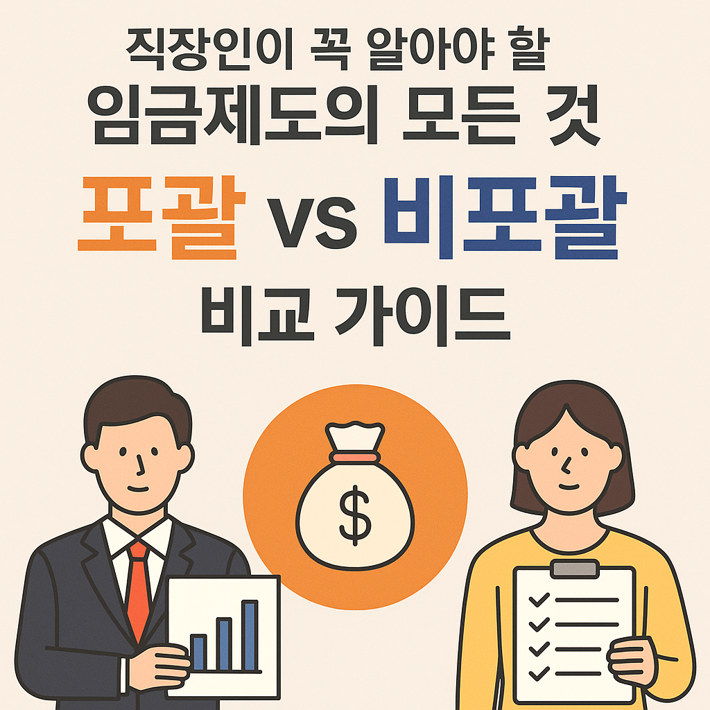 “정장 차림의 남성과 체크리스트를 든 여성 캐릭터가 포괄임금제와 비포괄임금제를 상징하는 아이콘과 함께 등장하며, 상단에는 ‘직장인이 꼭 알아야 할 임금제도의 모든 것: 포괄 vs 비포괄 비교 가이드’라는 문구가 적힌 한국어 인포그래픽 썸네일 이미지.”