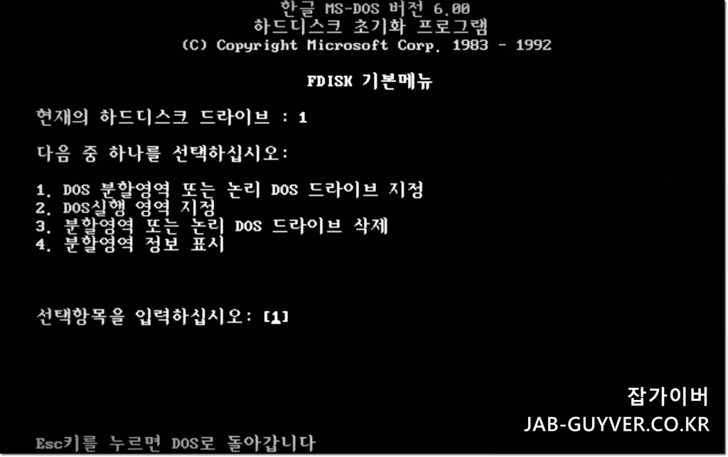MS-DOS 부팅 디스크로 부팅한 초기 화면