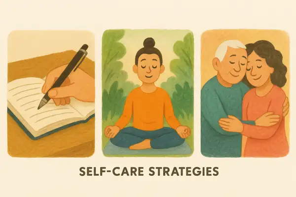 건강한 애도를 위한 자기 돌봄 전략들을 상징하는 세 장면 &mdash; 일기 쓰는 손, 자연 속에서 명상하는 사람, 서로를 위로하는 사람들의 모습